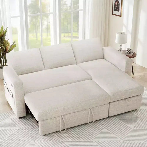 Dyonery 2 in 1 Pull Out Sleeper Sofa with Storage Chaise C Chenille Sectional Couch with USB Ports for Living Room