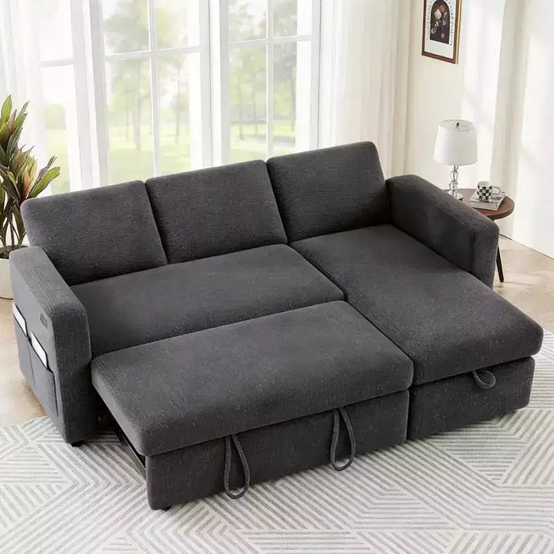 Canapé-lit convertible 2-en-1 avec méridienne de rangement, sectionnel en chenille avec ports USB pour salon