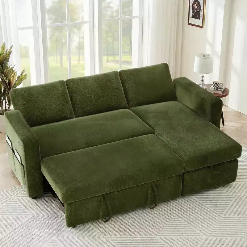 Canapé-lit convertible 2-en-1 avec méridienne de rangement, sectionnel en chenille avec ports USB pour salon