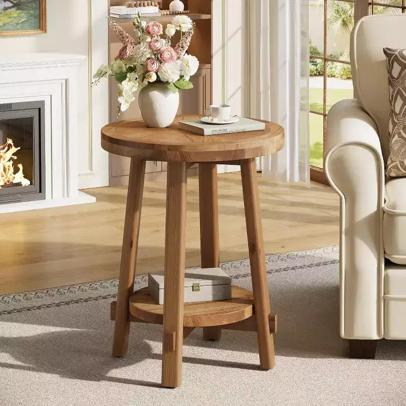 Table d'appoint Lantine en bois massif pour salon, petite table de bout ronde de style ferme avec rangement à 2 niveaux pour petits espaces, chambre à coucher, marron