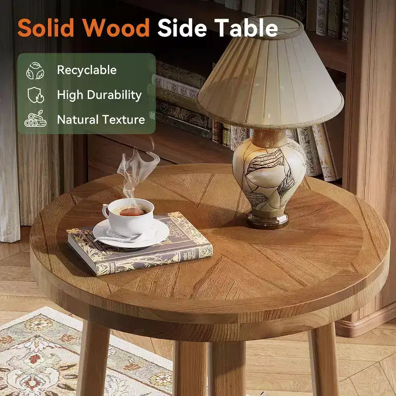 Table d'appoint Lantine en bois massif pour salon, petite table de bout ronde de style ferme avec rangement à 2 niveaux pour petits espaces, chambre à coucher, marron
