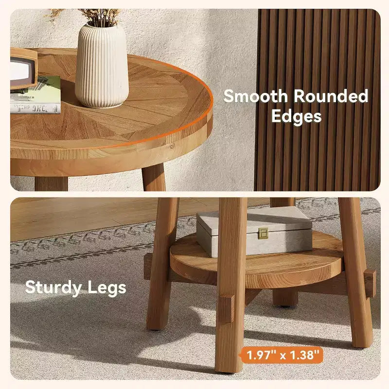 Table d'appoint Lantine en bois massif pour salon, petite table de bout ronde de style ferme avec rangement à 2 niveaux pour petits espaces, chambre à coucher, marron