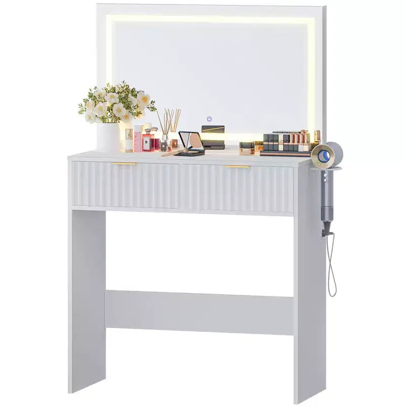 Coiffeuse cannelée avec miroir et lumières, Petite coiffeuse de maquillage avec 2 tiroirs et prise électrique, 3 modes d'éclairage à luminosité réglable pour chambre à coucher