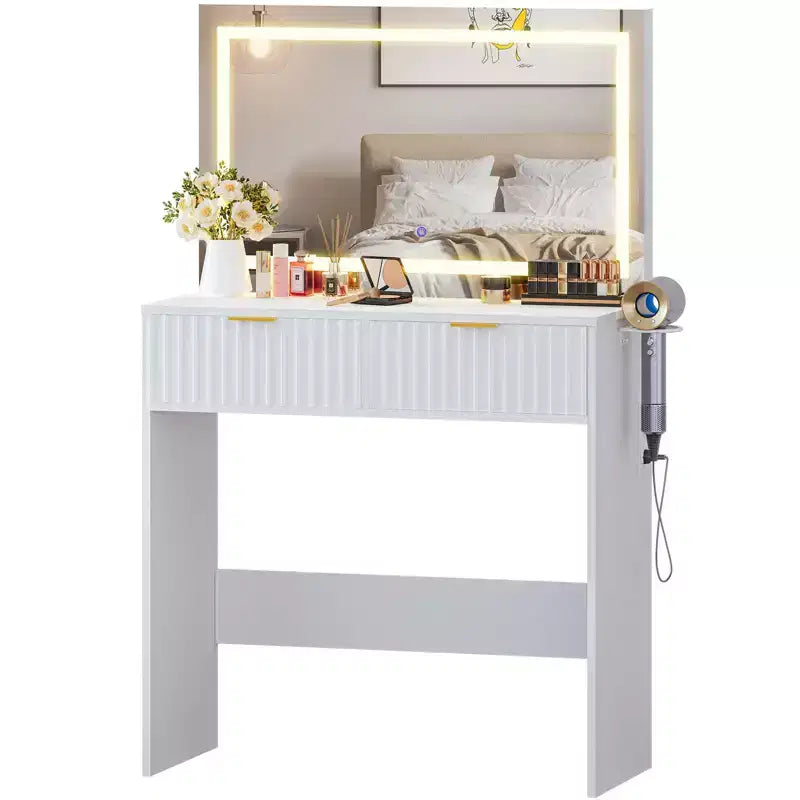 Coiffeuse cannelée avec miroir et lumières, Petite coiffeuse de maquillage avec 2 tiroirs et prise électrique, 3 modes d'éclairage à luminosité réglable pour chambre à coucher