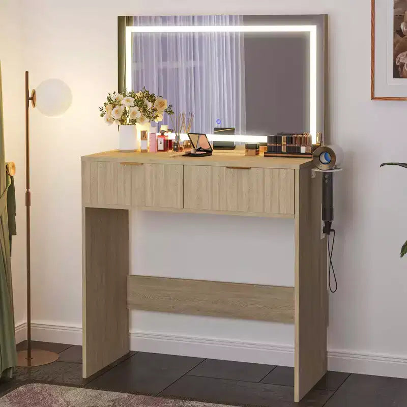 Coiffeuse cannelée avec miroir et lumières, Petite coiffeuse de maquillage avec 2 tiroirs et prise électrique, 3 modes d'éclairage à luminosité réglable pour chambre à coucher