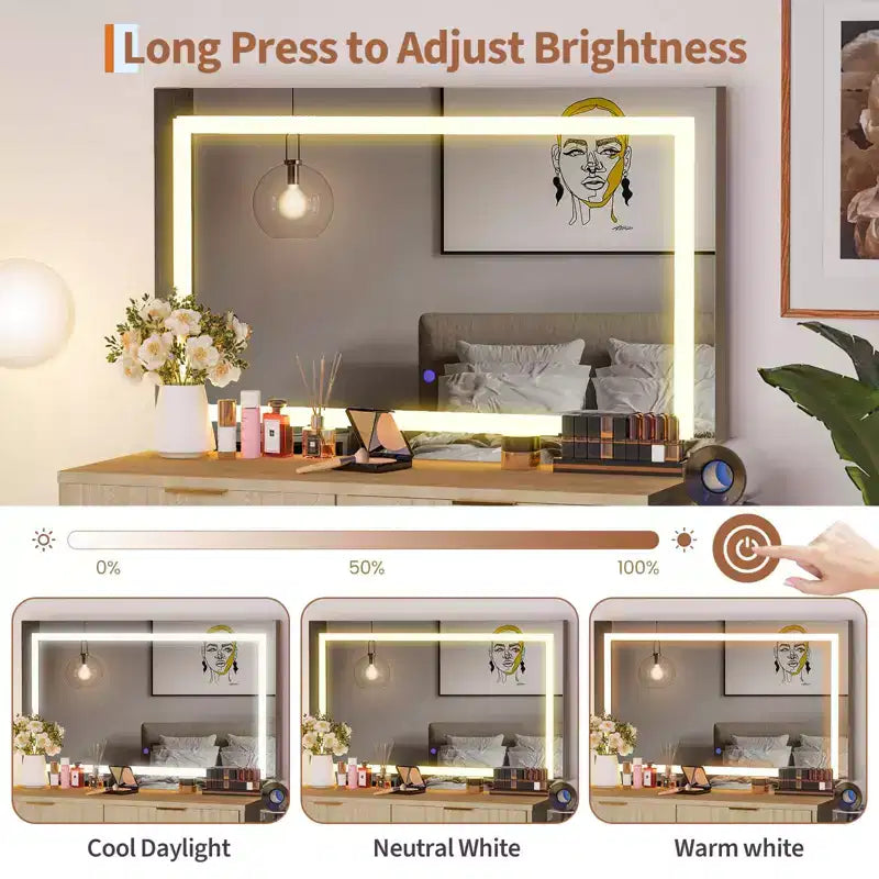 Coiffeuse cannelée avec miroir et lumières, Petite coiffeuse de maquillage avec 2 tiroirs et prise électrique, 3 modes d'éclairage à luminosité réglable pour chambre à coucher