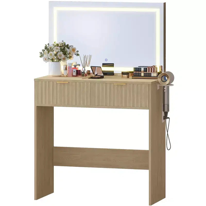 Coiffeuse cannelée avec miroir et lumières, Petite coiffeuse de maquillage avec 2 tiroirs et prise électrique, 3 modes d'éclairage à luminosité réglable pour chambre à coucher