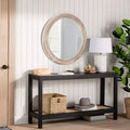 Miroir mural décoratif rond de ferme avec décor perlé, cadre en bois rustique pour la maison - Naturel antique