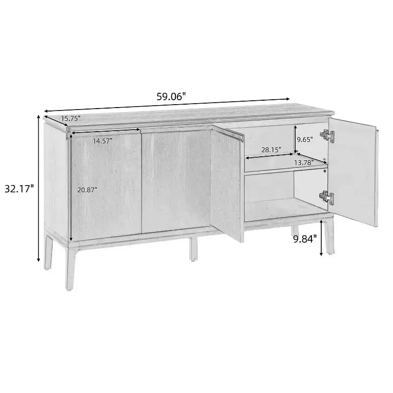 Buffet moderne Andy 59'' à 4 portes avec pieds en bois d'hévéa