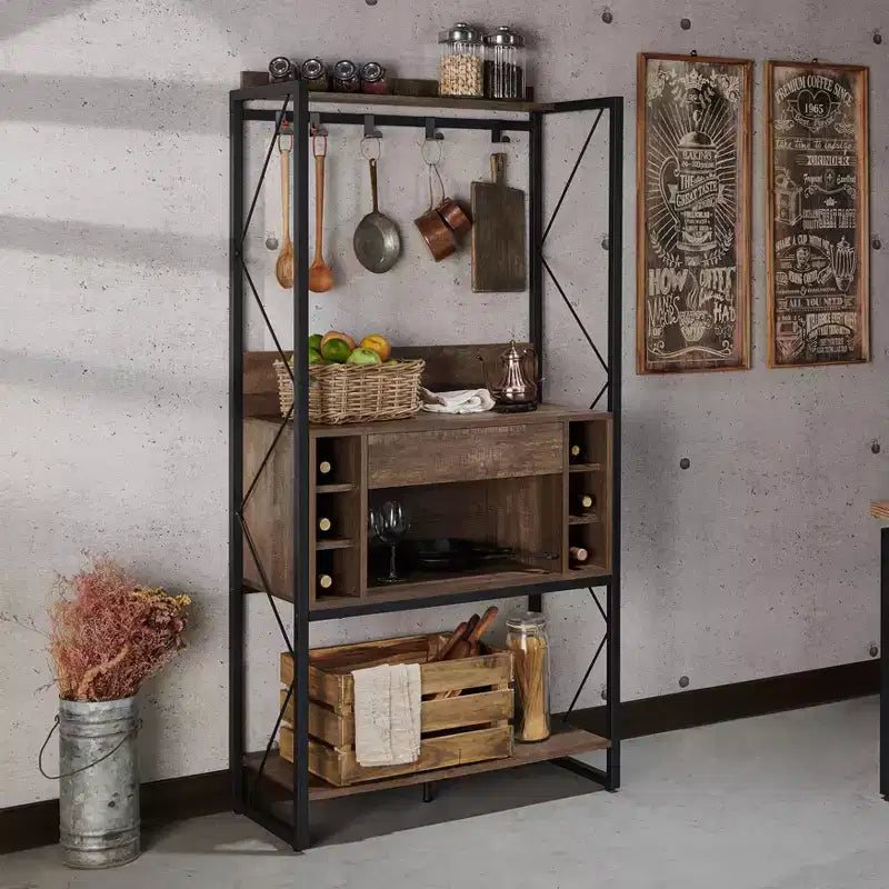 Étagère de boulanger rustique Orella en chêne recyclé – Style industriel, 3 étagères fixes, structure en métal, 170 cm H