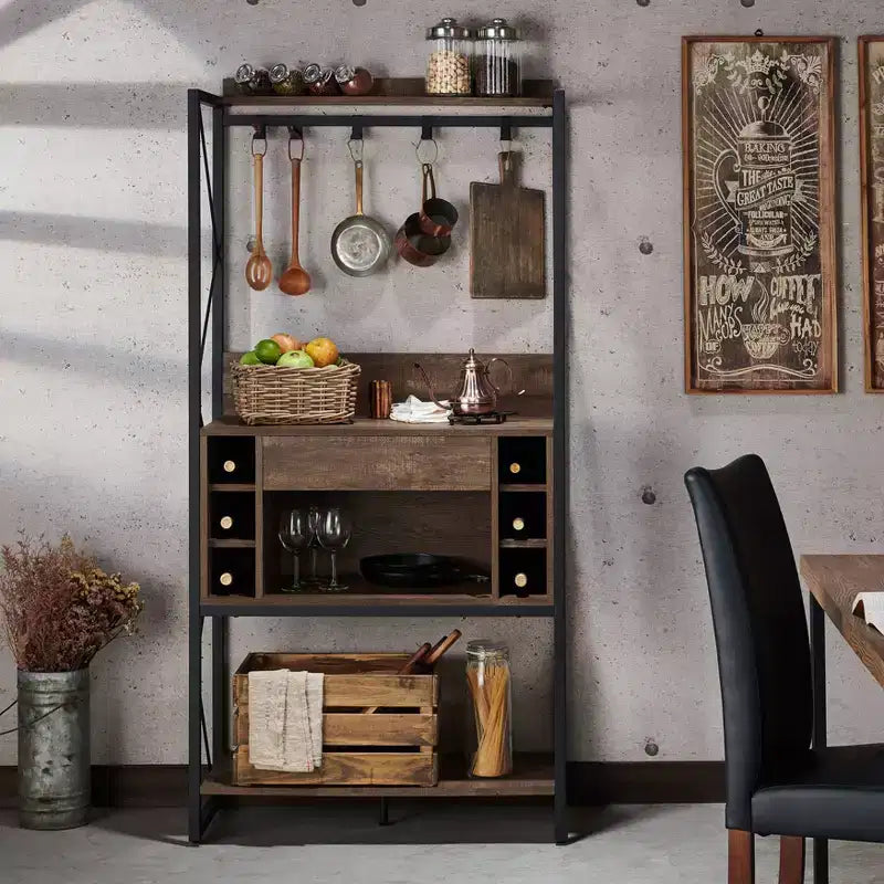 Étagère de boulanger rustique Orella en chêne recyclé – Style industriel, 3 étagères fixes, structure en métal, 170 cm H
