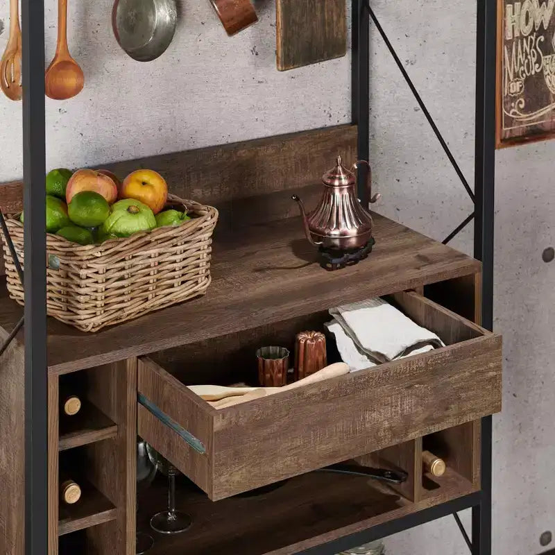 Étagère de boulanger rustique Orella en chêne recyclé – Style industriel, 3 étagères fixes, structure en métal, 170 cm H