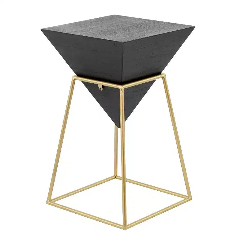 Table d'appoint moderne en bois accent noir - Structure dorée, Aucun assemblage requis, Design triangulaire en métal et bois